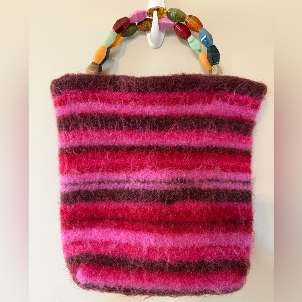 Striped Pink & Brown Mohair Mini Bag with Colorful Bead Handle